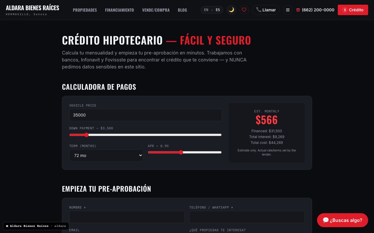 Site built by VENDAU — Aldara, financing